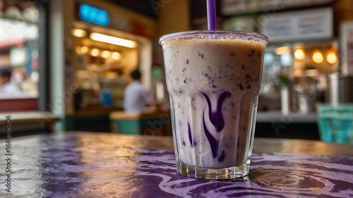 A refreshing ube milkshake with purple straw on a table in a brightly lit cafe setting indoors