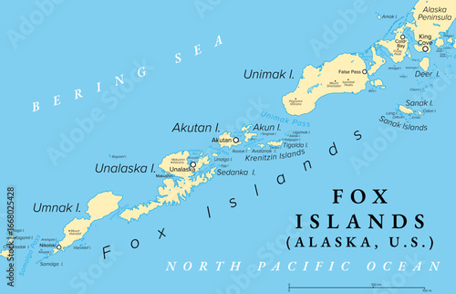 Fox Islands, Alaska, United States, political map. Group of islands in the Aleutian Islands, east of the Samalga Pass, and to the west closest to mainland North America, which is the Alaska Peninsula.