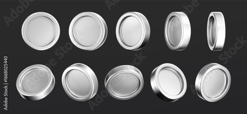 3D silver coin icon set with a chrome metallic effect, isolated on a dark background. Render of chrome coins, game token, digital currency icons or silver reward medals. 3D vector illustration.