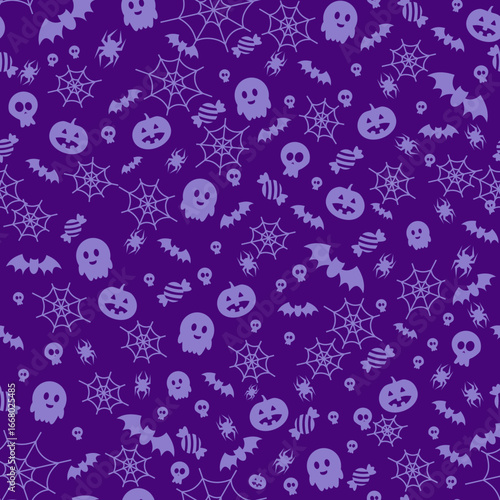 Halloween seamless pattern with pumpkins, cobwebs, candies, bats and ghosts