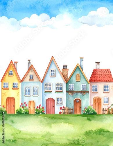 Watercolor Illustration of Colorful Row of Houses in a Meadow.