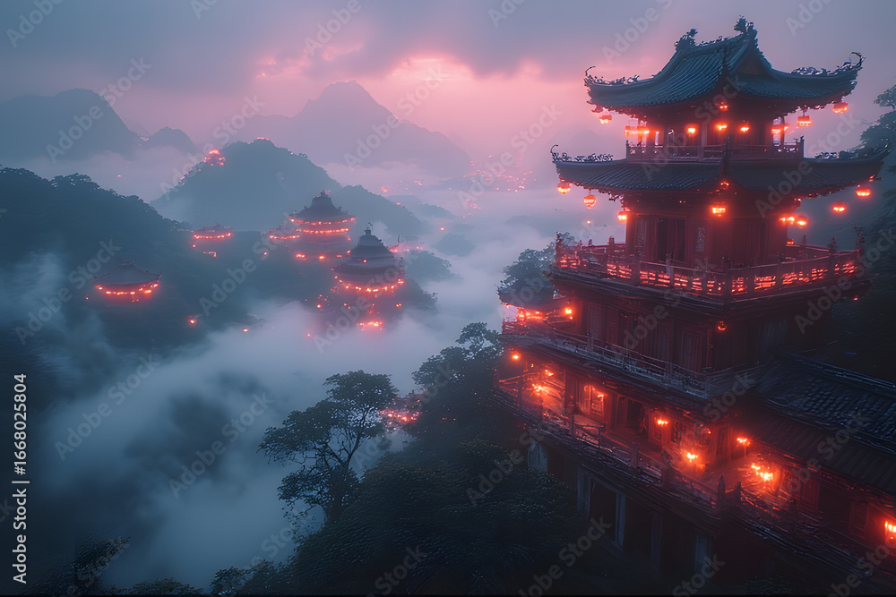 Obraz premium Fantasy asian architecture, illuminated temples in misty landscape
