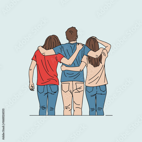 Back view of friends embracing each other on light backdrop. Back view showcasing camaraderie among close companions, depicting shared experience and support in casual attire, fostering unity.