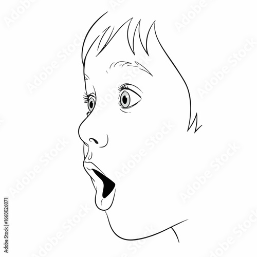 Young face with surprised expression, a startled look depicted in a line drawing. Startled look on the face of this young person is clearly displayed in this contour image,