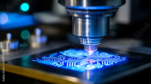 Advanced lithography equipment projects an intricate, glowing blue circuit pattern onto a silicon semiconductor wafer. This cutting-edge photolithography technology operates 