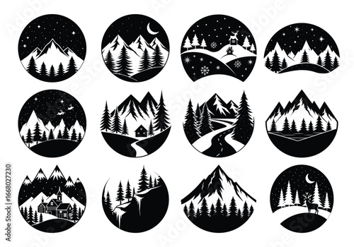 Set of Twelve Black and White Mountain Landscape Oval Illustrations