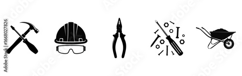 Construction worker tools and gear set, including pickaxe, hard hat, pliers, spanner, and saw, in vector illustration.