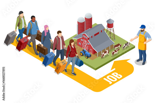 Isometric illustration of migrants arriving to work on a farm abroad, with luggage and agricultural job opportunity.