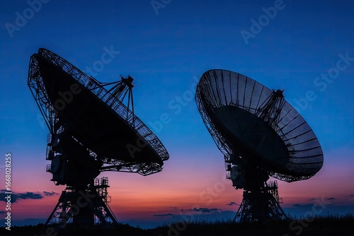 Two radio telescopes silhouetted against a vibrant sunset (2)