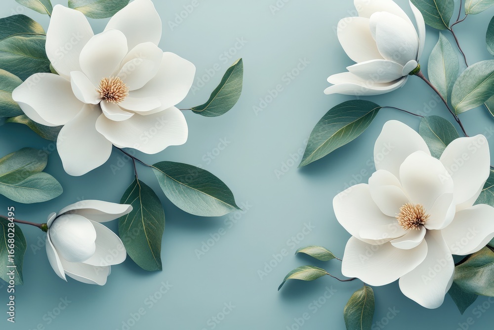 custom made wallpaper toronto digitalA delicate arrangement of pristine white magnolias and lush green leaves sits beautifully against a soft, pastel blue background, creating a serene and inviting aesthetic.