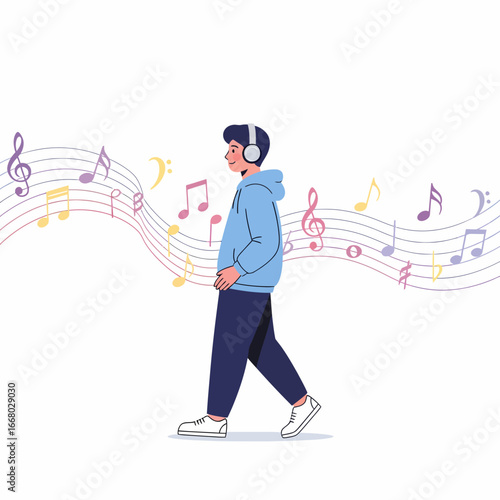 A young man in a blue hoodie and white headphones walks casually listening to music represented by a flowing staff with colorful notes.