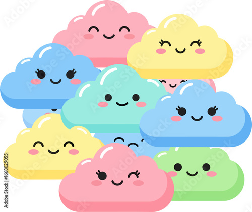 Adorable cluster of colorful pastel kawaii clouds with cute smiling and winking faces.