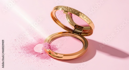 A golden compact powder makeup with pink powder spilled on a pink background with soft light