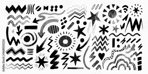 Collection of hand drawn doodle elements abstract shapes stars arrows and lines