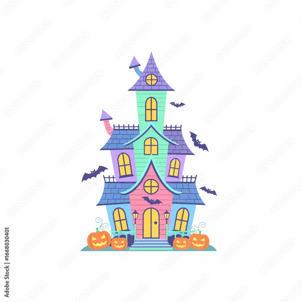 Naklejka premium PastelColored Haunted House with Carved Pumpkins and Bats.