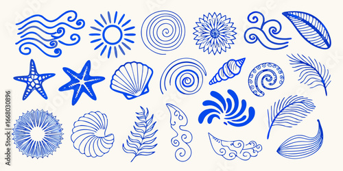 Blue Hand Drawn Summer Ocean Beach Elements Set
