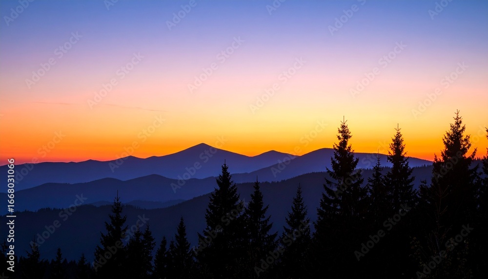 Obraz premium Peaceful Twilight Landscape Featuring Silhouettes of Trees and Distant Mountain Peaks Against a Stunning Gradient Sunset Sky Blending Orange and Blue Across the Horizon 
