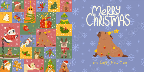 Cover design for a Merry Christmas advent calendar. Xmas print with cute capybara, cats, deer, penguin character and decorative elements. Vector horizontal banner, poster, holiday card
