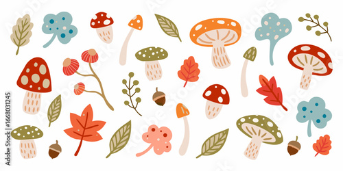 Autumn Forest Mushrooms Leaves and Berries Collection