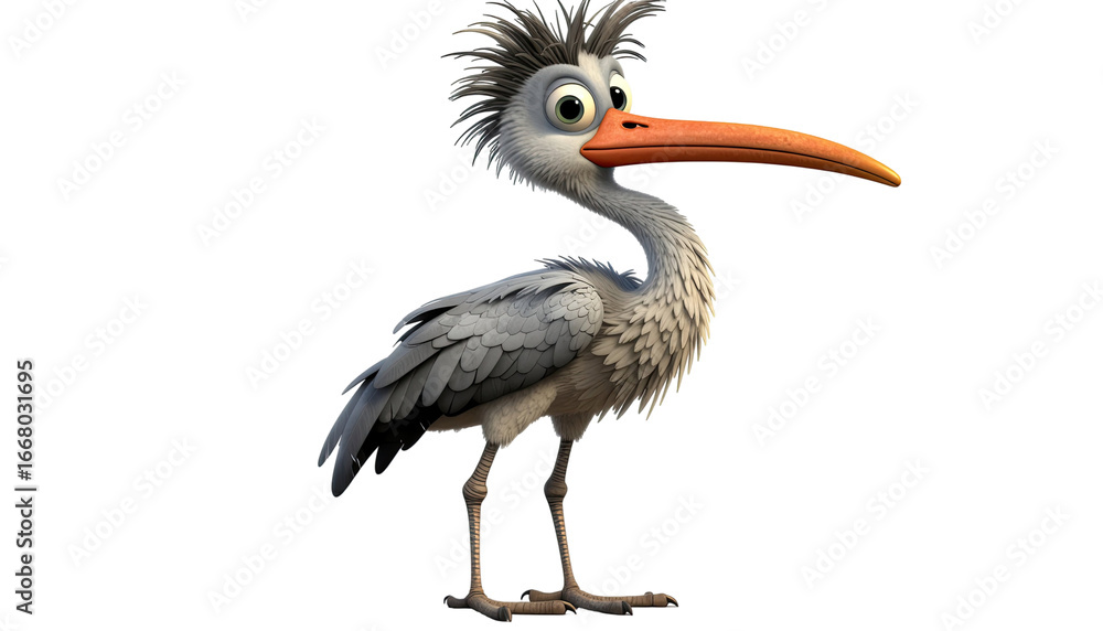Obraz premium 3d cartoon illustration of heron like bird with long beak and colorful feathers isolated on white background