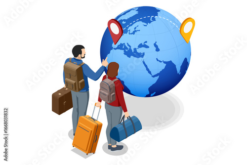 Isometric couple with luggage planning migration route on globe. Concept of work abroad, relocation, travel, international job opportunities. Migrants with luggage moving abroad for work opportunities