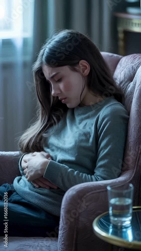 Wallpaper Mural Teen Girl Experiencing Stomach Pain or Anxiety at Home Torontodigital.ca