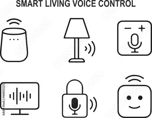 Smart Living Voice Control Outline Icons – Smart Speaker, Voice-Activated Lamp, Thermostat with Mic, TV Soundwave, Voice Lock, Digital Room Assistant Vector Set