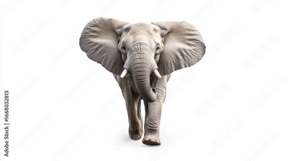 Fototapeta premium Majestic elephant walking forward on a clean white background