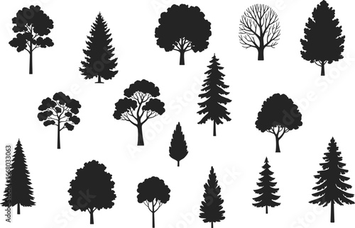 Tree silhouettes collection, pine conifer forest, broadleaf leafy trees, bare branches icons, seasonal nature elements, landscape vector, ecology concept, abstract plant illustration