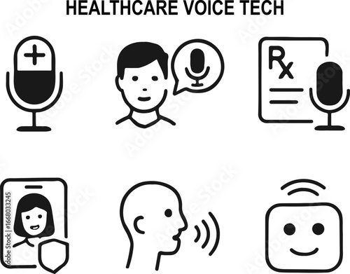 Healthcare Voice Technology Line Icons – Doctor Dictation, Patient Voice Notes, Prescription by Voice, Telehealth Call, Voice Symptom Checker, AI Medical Assistant