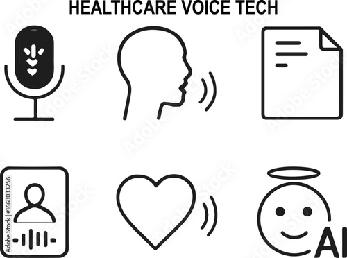 Healthcare Voice Technology Line Icons – Doctor Dictation, Patient Voice Notes, Prescription by Voice, Telehealth Call, Voice Symptom Checker, AI Medical Assistant