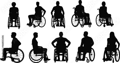 Silhouettes of people in wheelchairs, disability, accessibility, mobility support, independence, rehabilitation, healthcare, diversity, equality, lifestyle, inclusion, empowerment, community
