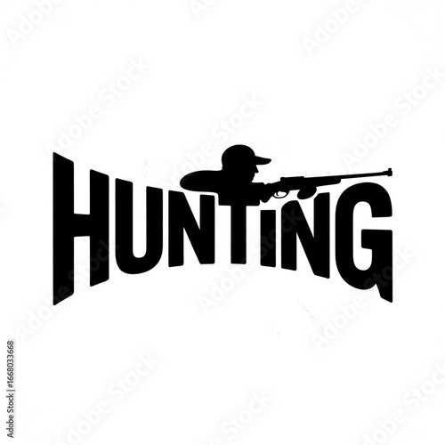 Conceptual graphic design emphasizing hunting theme with duck silhouette and rifle motif in bold text style