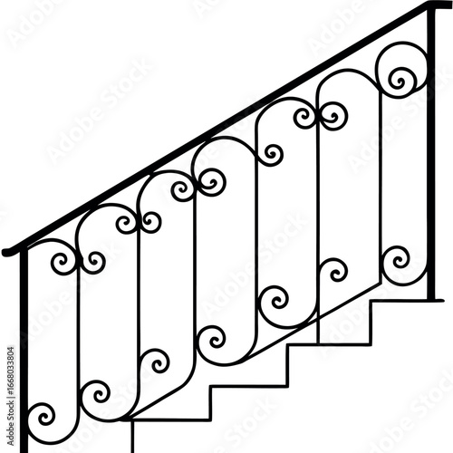 Black wrought iron staircase railing with ornate scrollwork on white metal