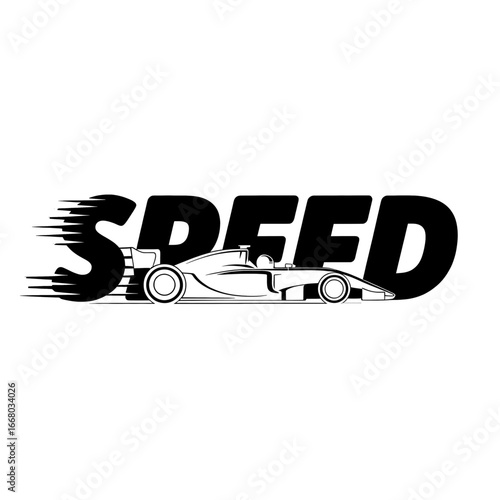 Formular one Car silhouette design featuring bold typography and a sleek shape on a white background for automotive enthusiasts