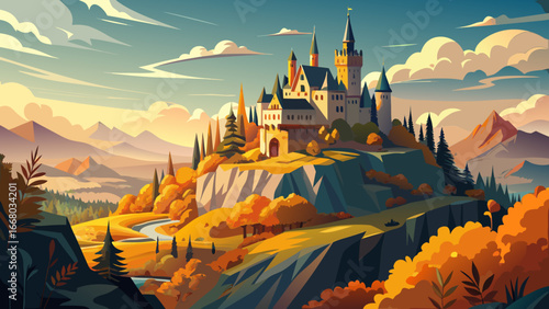 Majestic Burg Hohenzollern crowns autumn hills of the Swabian Alps, fortress rising above golden foliage, mist curls softly around stone walls, timeless history echoing through vibrant seasonal landsc