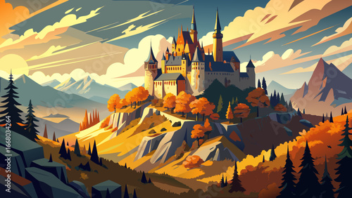 Majestic Burg Hohenzollern crowns autumn hills of the Swabian Alps, fortress rising above golden foliage, mist curls softly around stone walls, timeless history echoing through vibrant seasonal landsc