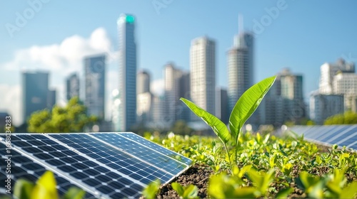Sustainable city with green energy and net zero emissions. Solar power. Renewable resources
