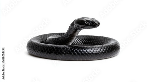 Coiled black mamba snake with glossy scales in striking pose on white background