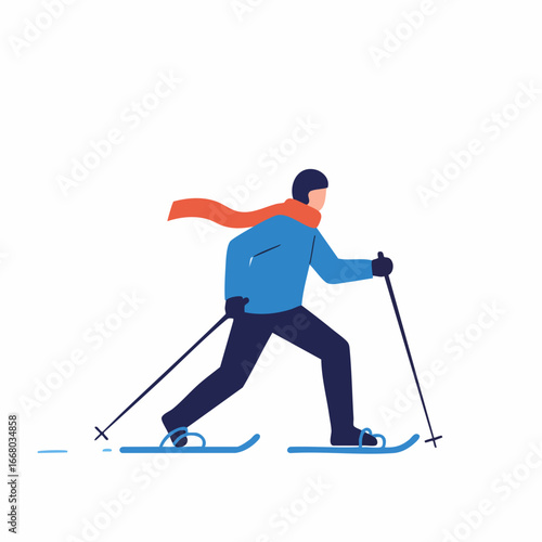 Animated Skier in Blue Jacket and Red Scarf Gliding Across Snow