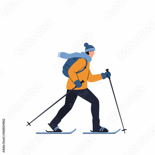 A Skier in Winter Gear Gliding Across Snow with Poles and Backpack
