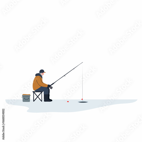 A solitary ice fisherman patiently angling with his fishing rod.