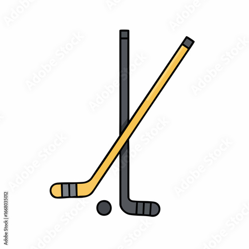 Crossed hockey sticks with puck, one yellow and one gray, cartoon style