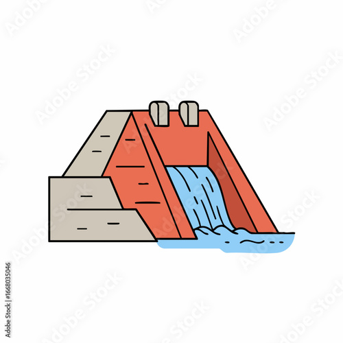Colorful Illustration of a Hydroelectric Dam with Flowing Water