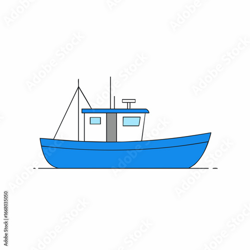 Simple Blue Fishing Boat with Detailed Cabin and Mast