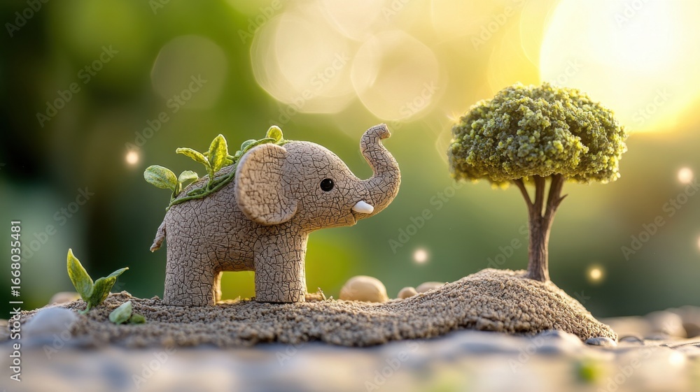 Obraz premium A gentle clay elephant with vines growing along its back stands on a hill with a sapling beside it