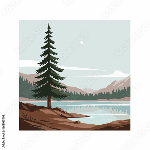 Serene lake landscape with tall pine tree and distant mountains