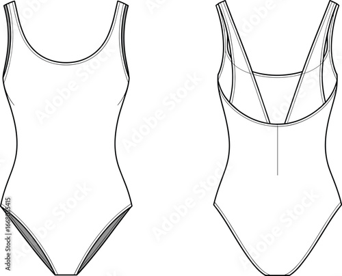 Women's one-piece swimsuit, sleeveless scoop neck bodysuit, front and back view, fashion flat sketch, swimwear design template for apparel illustration