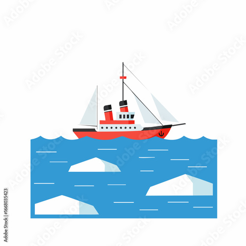 Red and White Sailboat Navigating Icy Waters with Icebergs Present.