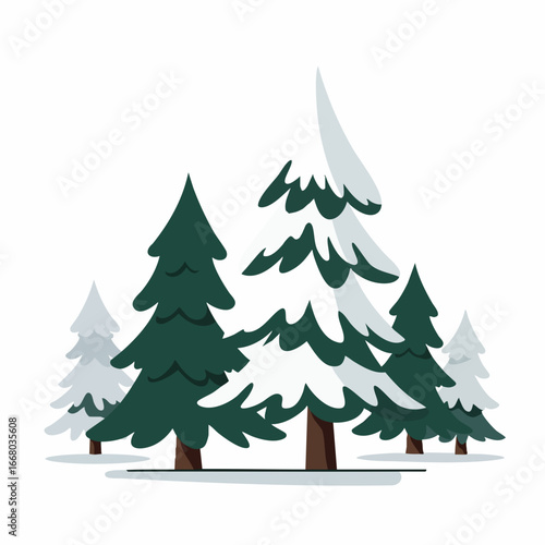Wintery Evergreen Forest with Snow-Capped Trees in a Group